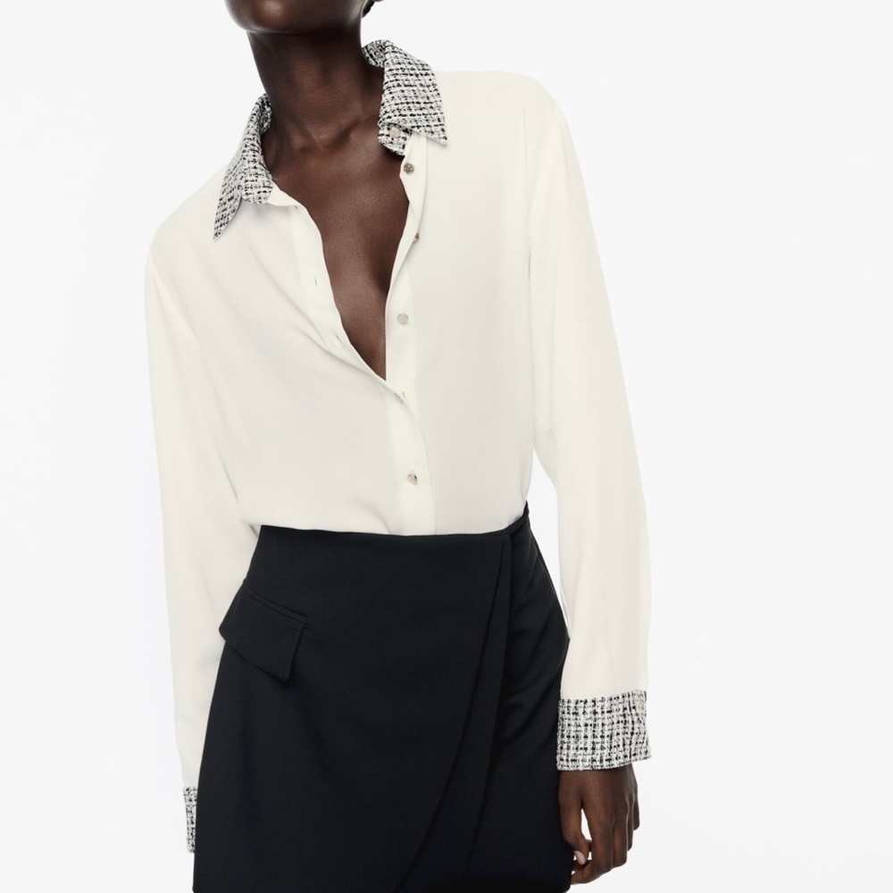 NWT Zara “MIXED SHIRT” Button Down Blouse - Picture 2 of 11